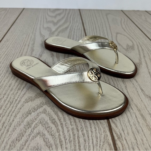 Tory Burch Benton Metallic Leather Thong Flip Flop Sandals 5M Spark Gold $249 - Picture 1 of 9